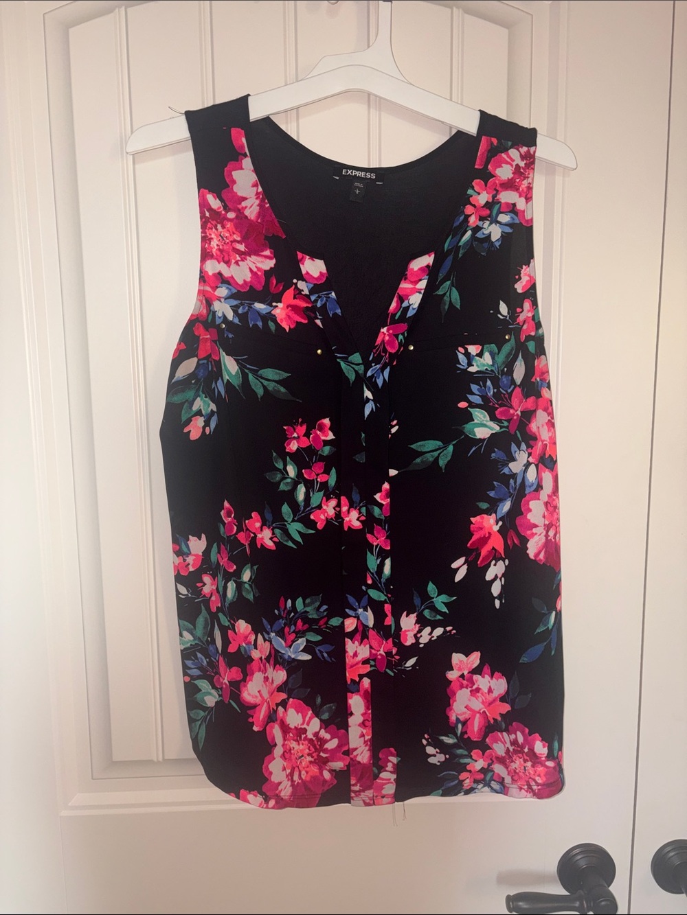 Express Black Sleeveless Floral Camisole with Pink & Green Print